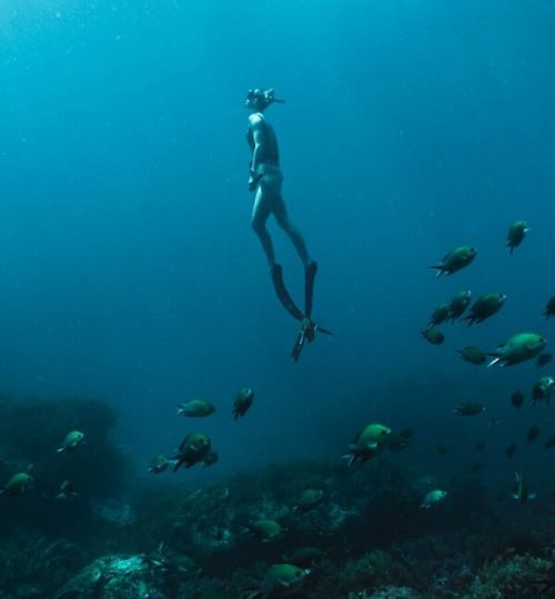 man in black shorts diving on water